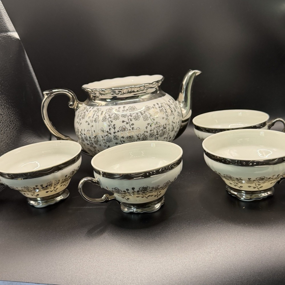 Black And Silver Floral Bavarian Teapot & 4 Teacup Set